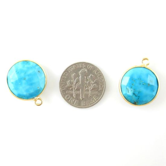 Wholesale 18K Gold Over Sterling Silver Bezel Gemstone Pendant - 14mm Faceted Coin Shape - Turquoise