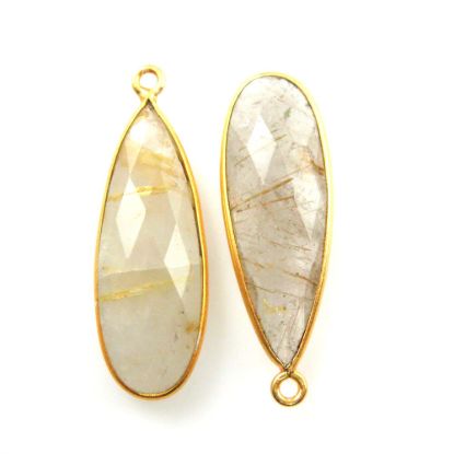 Wholesale Gold plated Sterling Silver Elongated Teardrop Bezel Gold Rutilated Quartz Gemstone Pendant, Wholesale Gemstone Pendants for Jewelry Making