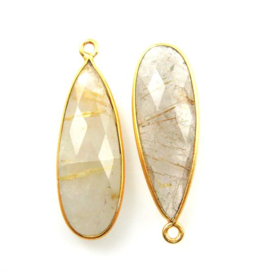 Wholesale Gold plated Sterling Silver Elongated Teardrop Bezel Gold Rutilated Quartz Gemstone Pendant, Wholesale Gemstone Pendants for Jewelry Making