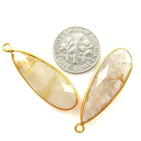 Wholesale Gold plated Sterling Silver Elongated Teardrop Bezel Gold Rutilated Quartz Gemstone Pendant, Wholesale Gemstone Pendants for Jewelry Making