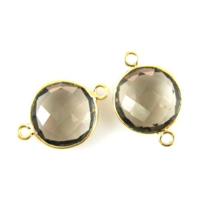 Wholesale Bezel Gemstone Links - Gold Plated Sterling Silver - Faceted Coin Shape - Smoky Quartz