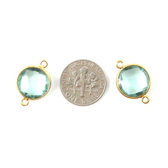 Wholesale Gold Over Sterling Silver Bezel Gemstone Link - Faceted Coin Shape - Aqua Quartz - March Birthstone
