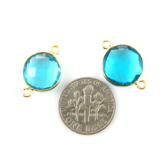 Wholesale Gold Over Sterling Silver Bezel Gemstone Link - Faceted Coin Shape - Blue Topaz Quartz - December Birthstone