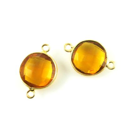 Wholesale Gold Over Sterling Silver Bezel Gemstone Link - Faceted Coin Shape - Citrine Quartz - November Birthstone