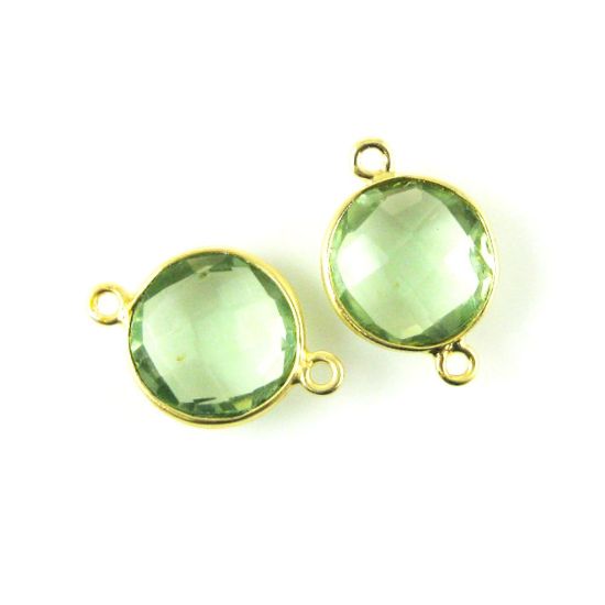 Wholesale Gold Over Sterling Silver Bezel Gemstone Link - Faceted Coin Shape - Green Amethyst Quartz