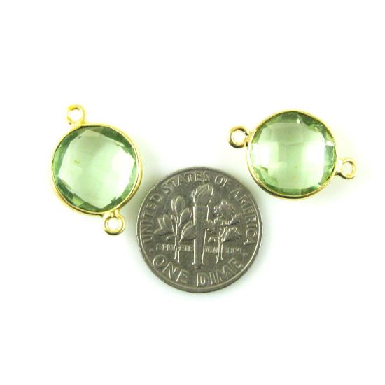 Wholesale Gold Over Sterling Silver Bezel Gemstone Link - Faceted Coin Shape - Green Amethyst Quartz