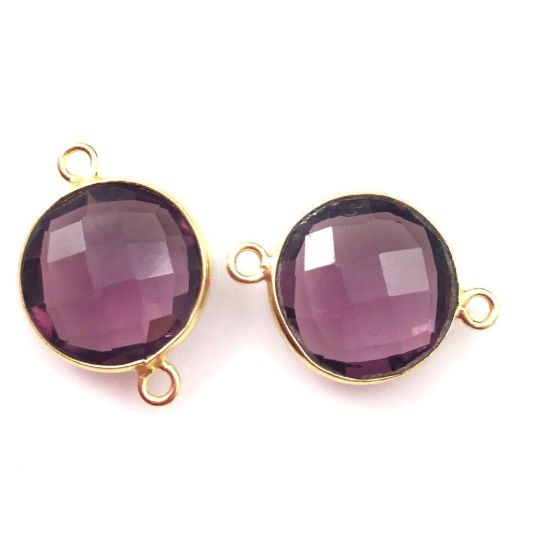Wholesale Gold Over Sterling Silver Bezel Gemstone Link - Faceted Coin Shape - Pink Amethyst Quartz