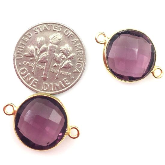 Wholesale Gold Over Sterling Silver Bezel Gemstone Link - Faceted Coin Shape - Pink Amethyst Quartz