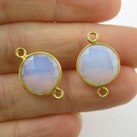Wholesale Gold Over Sterling Silver Bezel Gemstone Link - Faceted Coin Shape - Opalite Quartz - October Birthstone