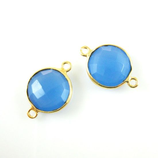 Wholesale Gold Over Sterling Silver Bezel Gemstone Link - Faceted Coin Shape - Blue Chalcedony