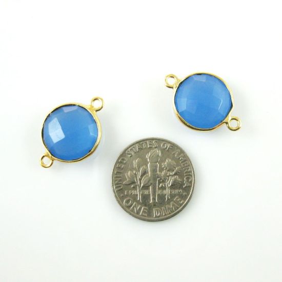 Wholesale Gold Over Sterling Silver Bezel Gemstone Link - Faceted Coin Shape - Blue Chalcedony