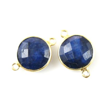 Wholesale Gold Over Sterling Silver Bezel Gemstone Link - Faceted Coin Shape - Blue Sapphire Dyed - September Birthstone