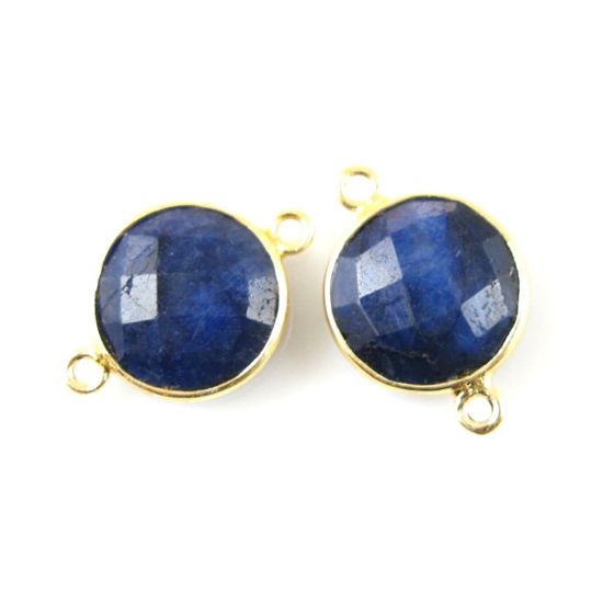 Wholesale Gold Over Sterling Silver Bezel Gemstone Link - Faceted Coin Shape - Blue Sapphire Dyed - September Birthstone