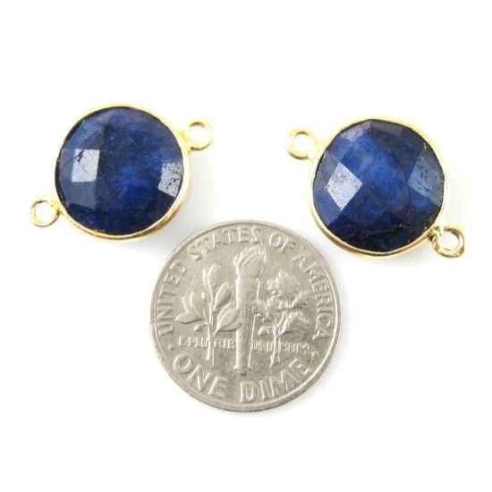 Wholesale Gold Over Sterling Silver Bezel Gemstone Link - Faceted Coin Shape - Blue Sapphire Dyed - September Birthstone