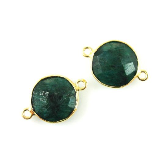 Wholesale Gold Over Sterling Silver Bezel Gemstone Link - Faceted Coin Shape - Emerald Dyed - May Birthstone