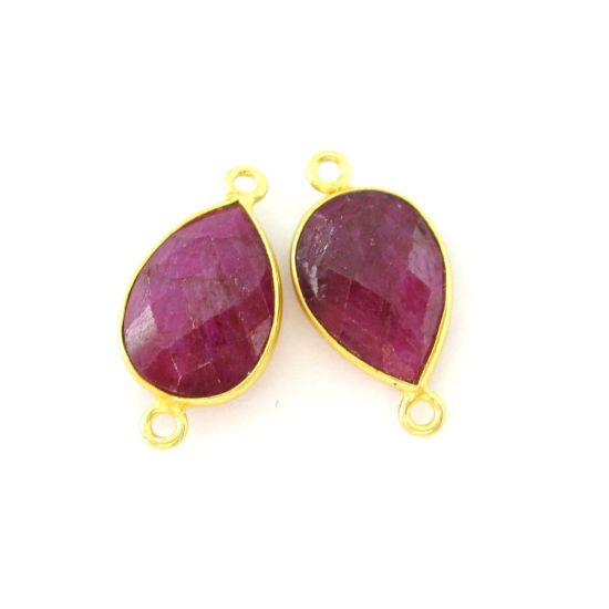 Wholesale Bezel Gemstone Links - Vermeil Connector - 10x14mm Faceted Pear - Ruby Dyed - July Birthstone