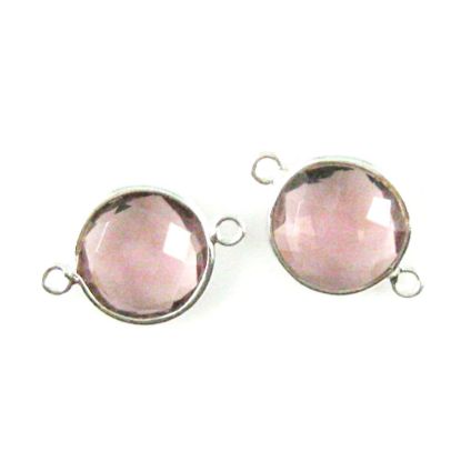 Wholesale Sterling Silver Pink Amethyst Quartz Coin Bezel Gemstone Connector Links, Wholesale Gemstone Charms and Pendants for Jewelry Making
