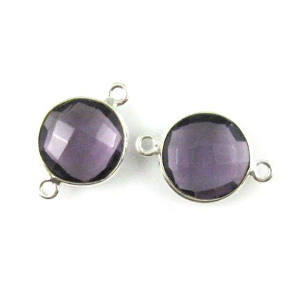 Wholesale Sterling Silver  Amethyst Quartz Coin Bezel Gemstone Connector Links, Wholesale Gemstone Charms and Pendants for Jewelry Making