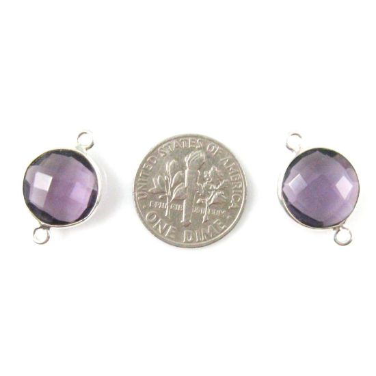 Wholesale Sterling Silver  Amethyst Quartz Coin Bezel Gemstone Connector Links, Wholesale Gemstone Charms and Pendants for Jewelry Making