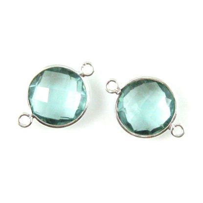 Wholesale Sterling Silver Aqua Quartz Coin Bezel Gemstone Connector Links, Wholesale Gemstone Charms and Pendants for Jewelry Making