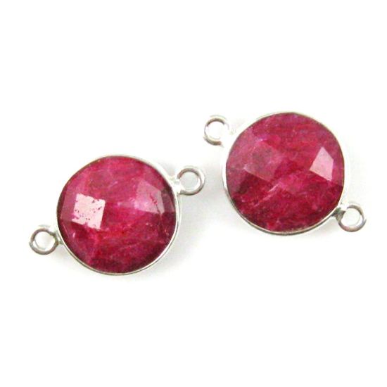 Wholesale Sterling Silver Dyed Ruby Coin Bezel Gemstone Connector Links, Wholesale Gemstone Charms and Pendants for Jewelry Making