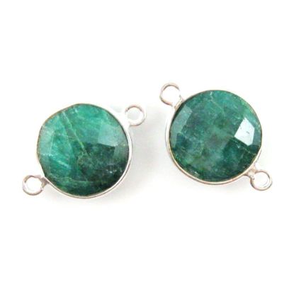 Wholesale Sterling Silver Dyed Emerald Coin Bezel Gemstone Connector Links, Wholesale Gemstone Charms and Pendants for Jewelry Making