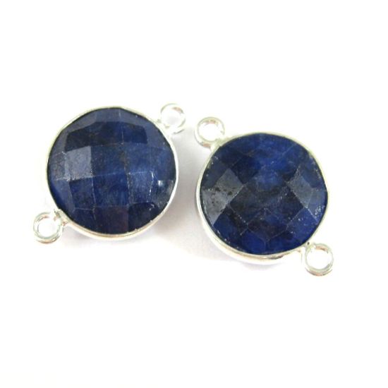 Wholesale Sterling Silver Blue Sapphire Dyed Coin Bezel Gemstone Connector Links, Wholesale Gemstone Charms and Pendants for Jewelry Making