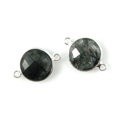 Wholesale Sterling Silver Black Rutilated Quartz Coin Bezel Gemstone Connector Links, Wholesale Gemstone Charms and Pendants for Jewelry Making