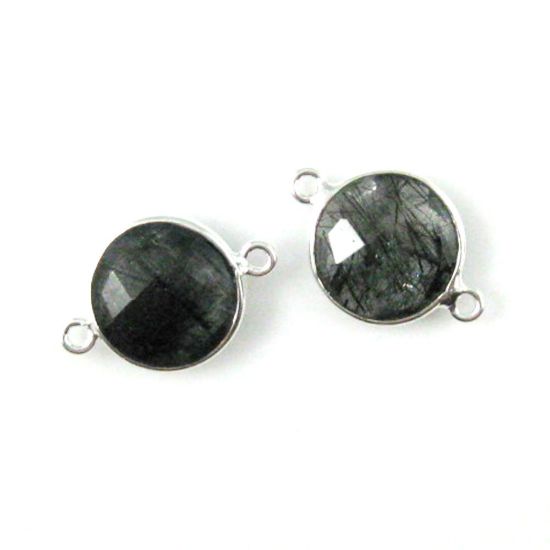 Wholesale Sterling Silver Black Rutilated Quartz Coin Bezel Gemstone Connector Links, Wholesale Gemstone Charms and Pendants for Jewelry Making
