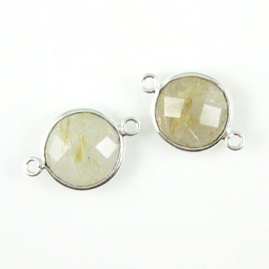 Wholesale Sterling Silver Gold Rutilated Quartz Coin Bezel Gemstone Connector Links, Wholesale Gemstone Charms and Pendants for Jewelry Making