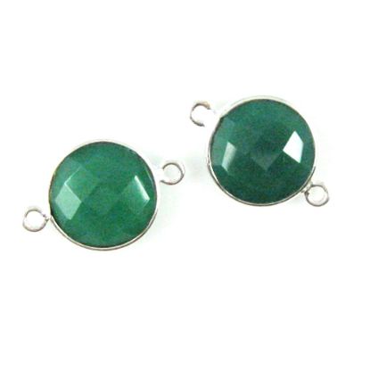 Wholesale Sterling Silver Green Onyx Coin Bezel Gemstone Connector Links, Wholesale Gemstone Charms and Pendants for Jewelry Making