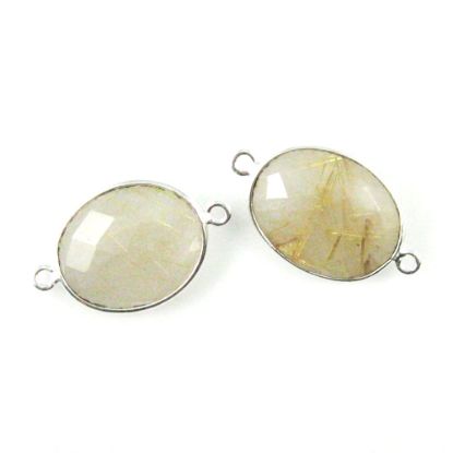 Wholesale Sterling Silver Bezel Gemstone Links - Faceted Oval Shape - Gold Rutilated Quartz