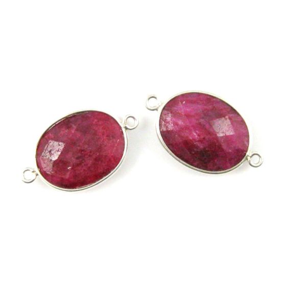 Wholesale Sterling Silver Bezel Gemstone Links - Faceted Oval Shape - Ruby Dyed - July Birthstone
