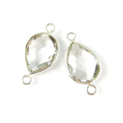 Wholesale Sterling Silver Bezel Gemstone Links - Faceted Pear Shape - Crystal Quartz - April Birthstone