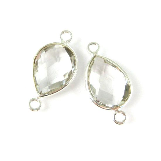 Wholesale Sterling Silver Bezel Gemstone Links - Faceted Pear Shape - Crystal Quartz - April Birthstone