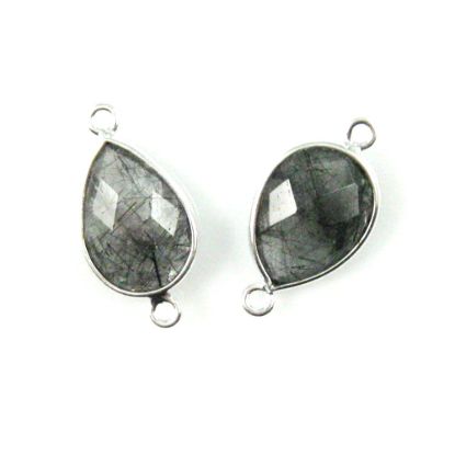 Wholesale Sterling Silver Bezel Gemstone Links - Faceted Pear Shape - Black Rutilated Quartz
