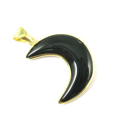 Wholesale  Natural Black Agate Necklace Pendant, Arch Shape Pendant, Natural Black, Crescent Moon Shape Pendant Gold plated Brass - 35mm