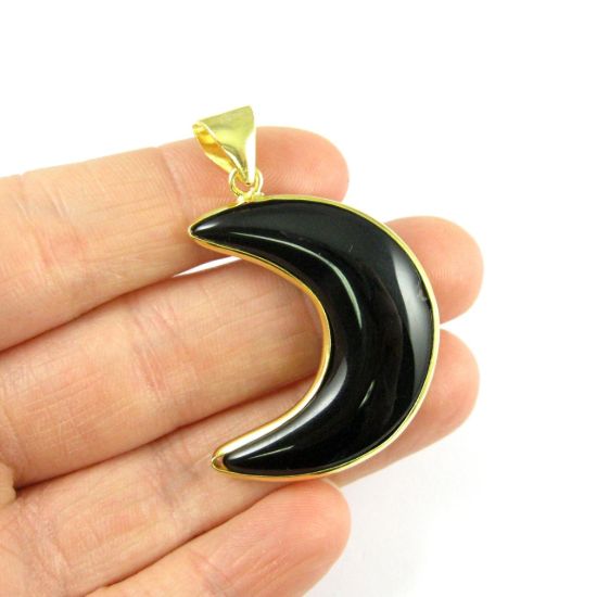 Wholesale  Natural Black Agate Necklace Pendant, Arch Shape Pendant, Natural Black, Crescent Moon Shape Pendant Gold plated Brass - 35mm