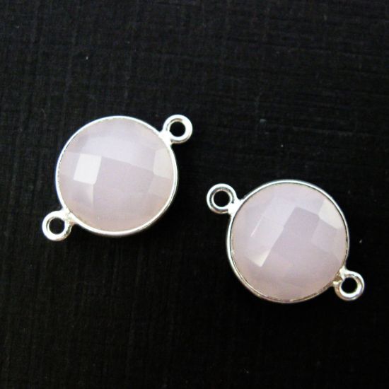 Wholesale Sterling Silver Pink Chalcedony Coin Bezel Gemstone Connector Links, Wholesale Gemstone Charms and Pendants for Jewelry Making