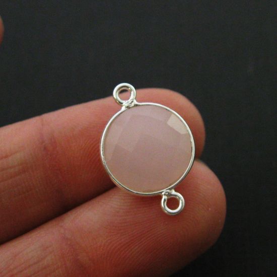 Wholesale Sterling Silver Pink Chalcedony Coin Bezel Gemstone Connector Links, Wholesale Gemstone Charms and Pendants for Jewelry Making