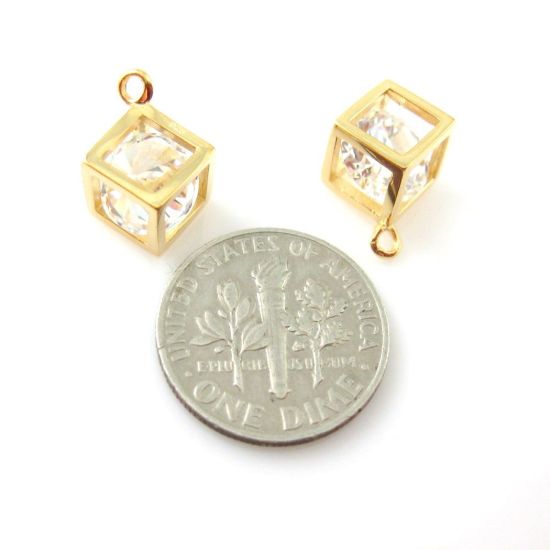 Wholesale Gold plated Sterling Silver Cube Charm with CZ Cubic Zirconia Stone, Charms and Pendants for Jewelry Making, Wholesale Findings
