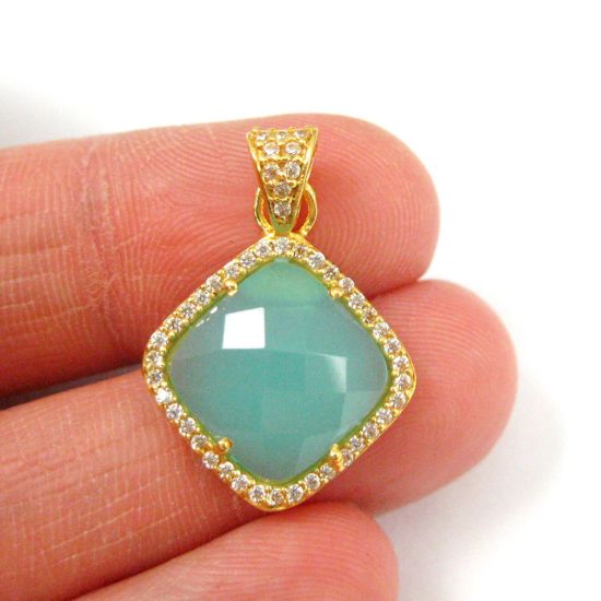 Wholesale Gold plated Sterling Silver Peru Chalcedony Bezel Gemstone Diamond Shape Pave Pendant, Wholesale Gemstone Pendants for Jewelry Making