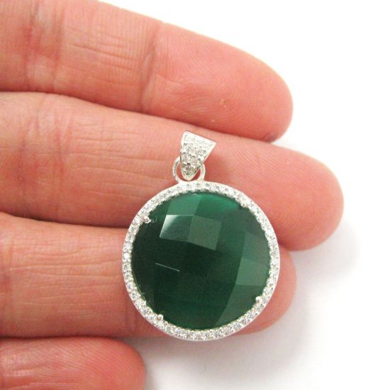 Wholesale Sterling Silver Green Onyx Bezel Gemstone Round Pave Pendant, Wholesale Gemstone Pendants for Jewelry Making