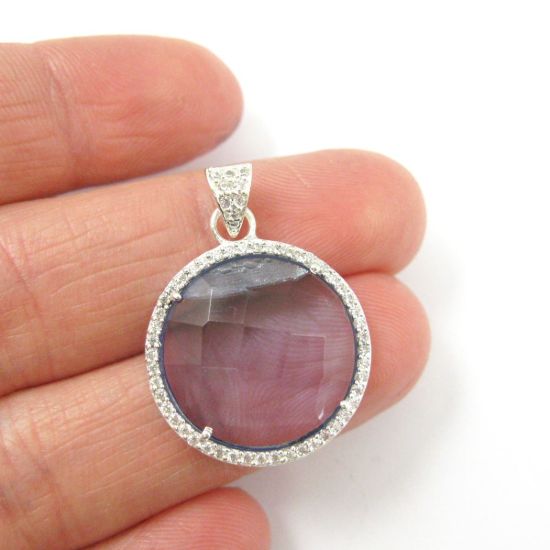 Wholesale Sterling Silver Iolite Quartz Bezel Gemstone Round Pave Pendant, Wholesale Gemstone Pendants for Jewelry Making