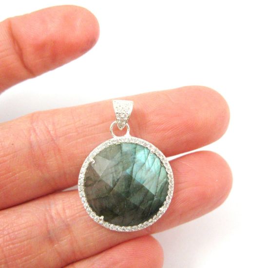 Wholesale Sterling Silver Labradorite Bezel Gemstone Round Pave Pendant, Wholesale Gemstone Pendants for Jewelry Making