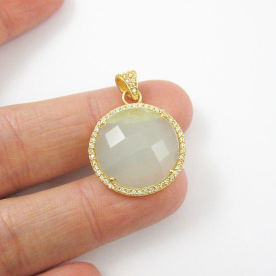 Wholesale Gold plated Sterling Silver Aqua Chalcedony Bezel Gemstone Round Pave Pendant, Wholesale Gemstone Pendants for Jewelry Making