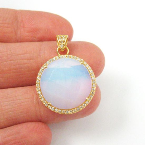 Wholesale Gold plated Sterling Silver Opalite Quartz Bezel Gemstone Round Pave Pendant, Wholesale Gemstone Pendants for Jewelry Making