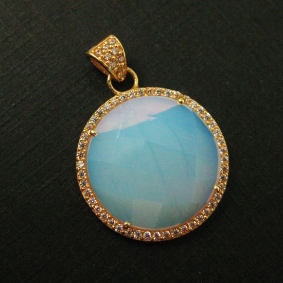 Wholesale Gold plated Sterling Silver Opalite Quartz Bezel Gemstone Round Pave Pendant, Wholesale Gemstone Pendants for Jewelry Making