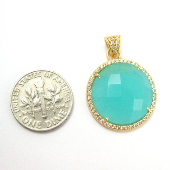 Wholesale Gold plated Sterling Silver Peru Chalcedony Bezel Gemstone Round Pave Pendant, Wholesale Gemstone Pendants for Jewelry Making