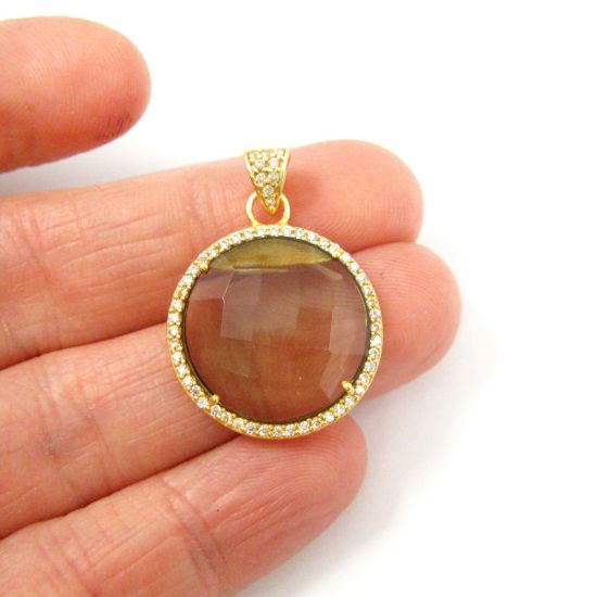 Wholesale Gold plated Sterling Silver Smokey Quartz Bezel Gemstone Round Pave Pendant, Wholesale Gemstone Pendants for Jewelry Making